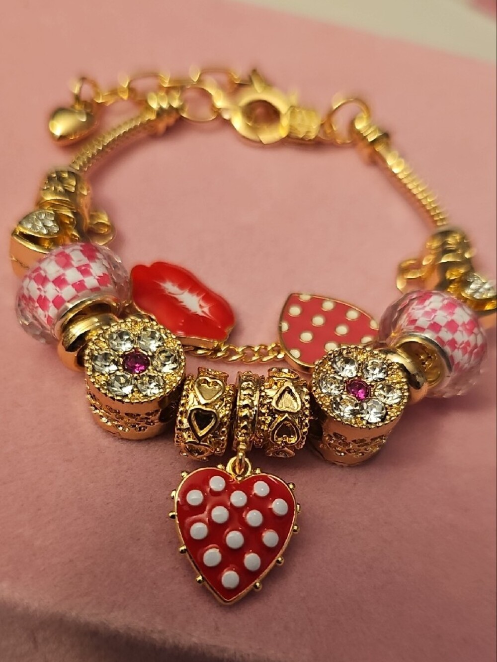 Gold-Tone Pink & Red Heart Charm Bracelet - Picture 2 of 2